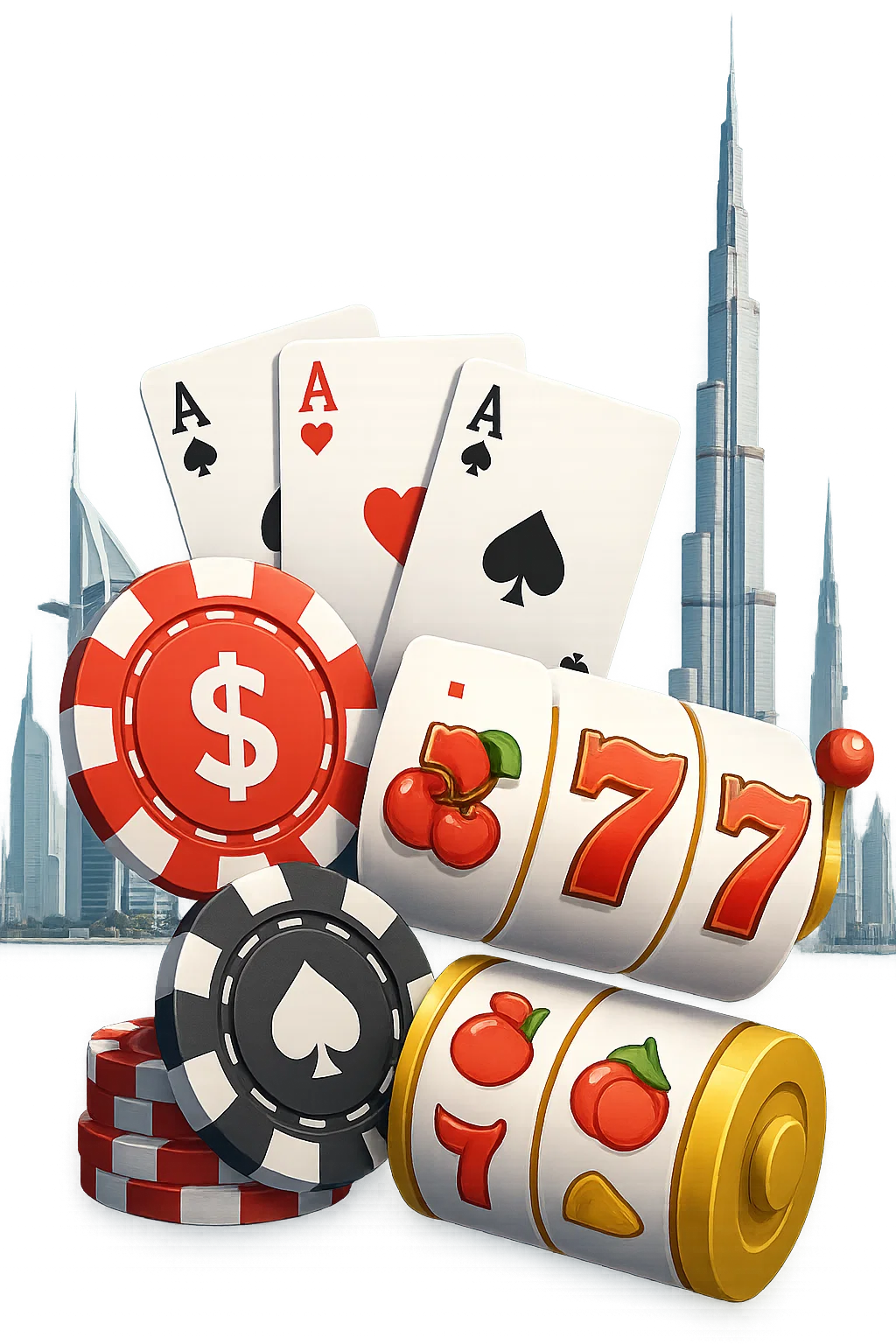Dubai skyline with casino-style lights and gaming atmosphere